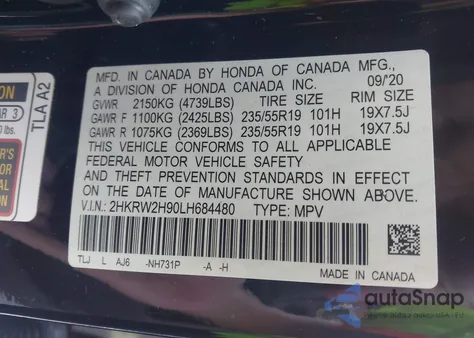 2020 Honda Cr-V Awd Touring z USA, uszkodzony, nr VIN 2HKRW2H90LH684480